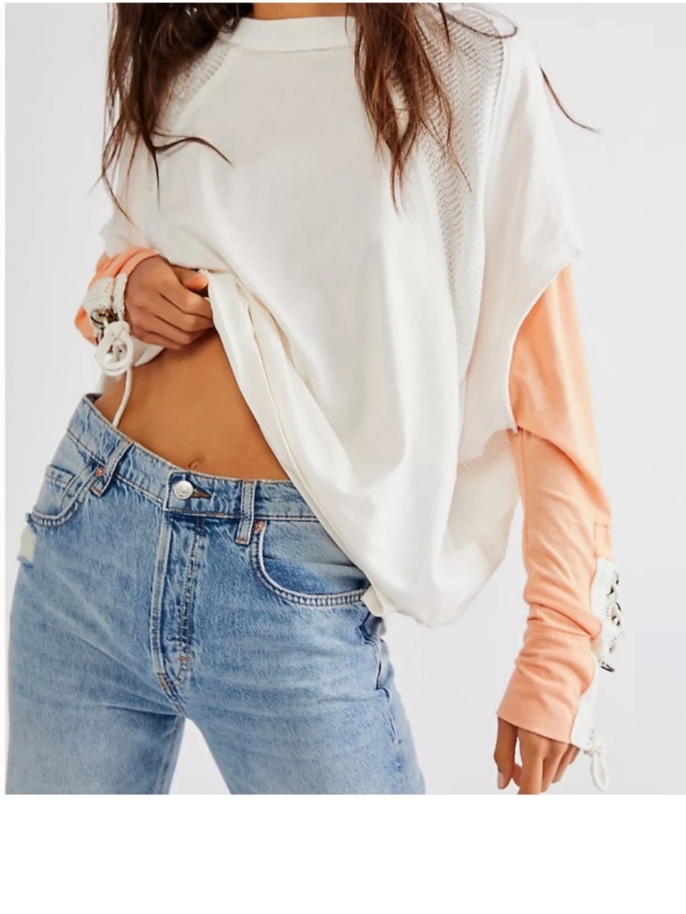 Free People White Oversized Tee with Peach Long Sleeves